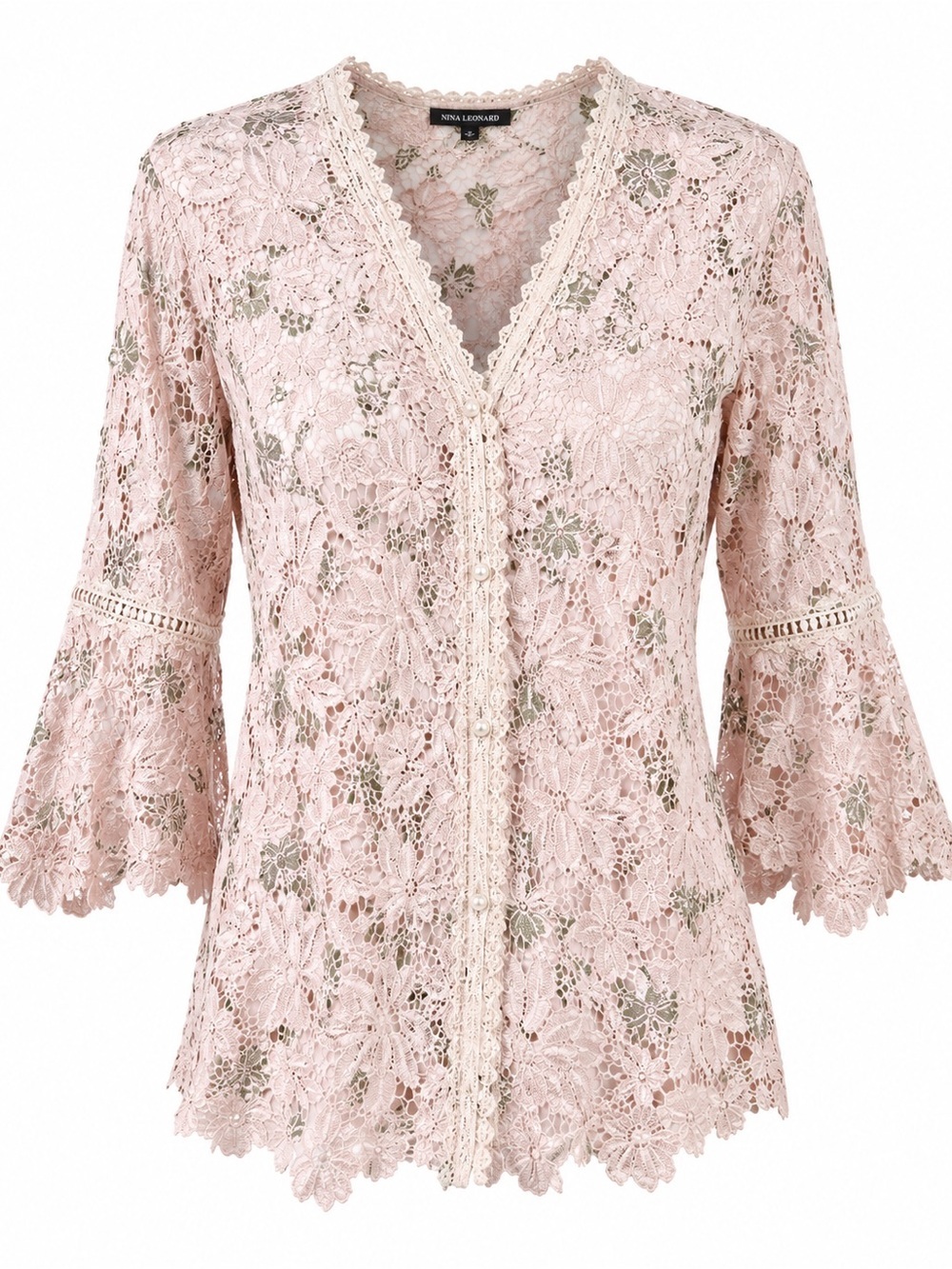Nina Leonard Blush Floral Lace Blouse